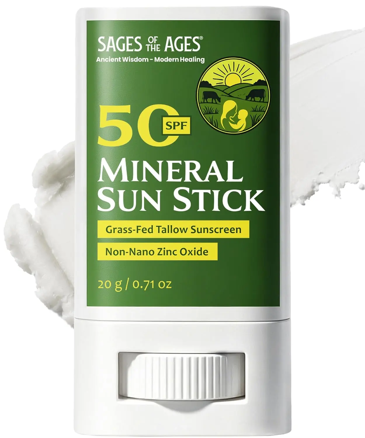Beef Tallow Mineral Sunscreen Stick SPF 50 for Face & Body, Broad Spectrum, Non-Nano Zinc Oxide, No White Cast, Reef Safe, Water Resistant 80 Min, Fragrance Free, Travel Size 20g
