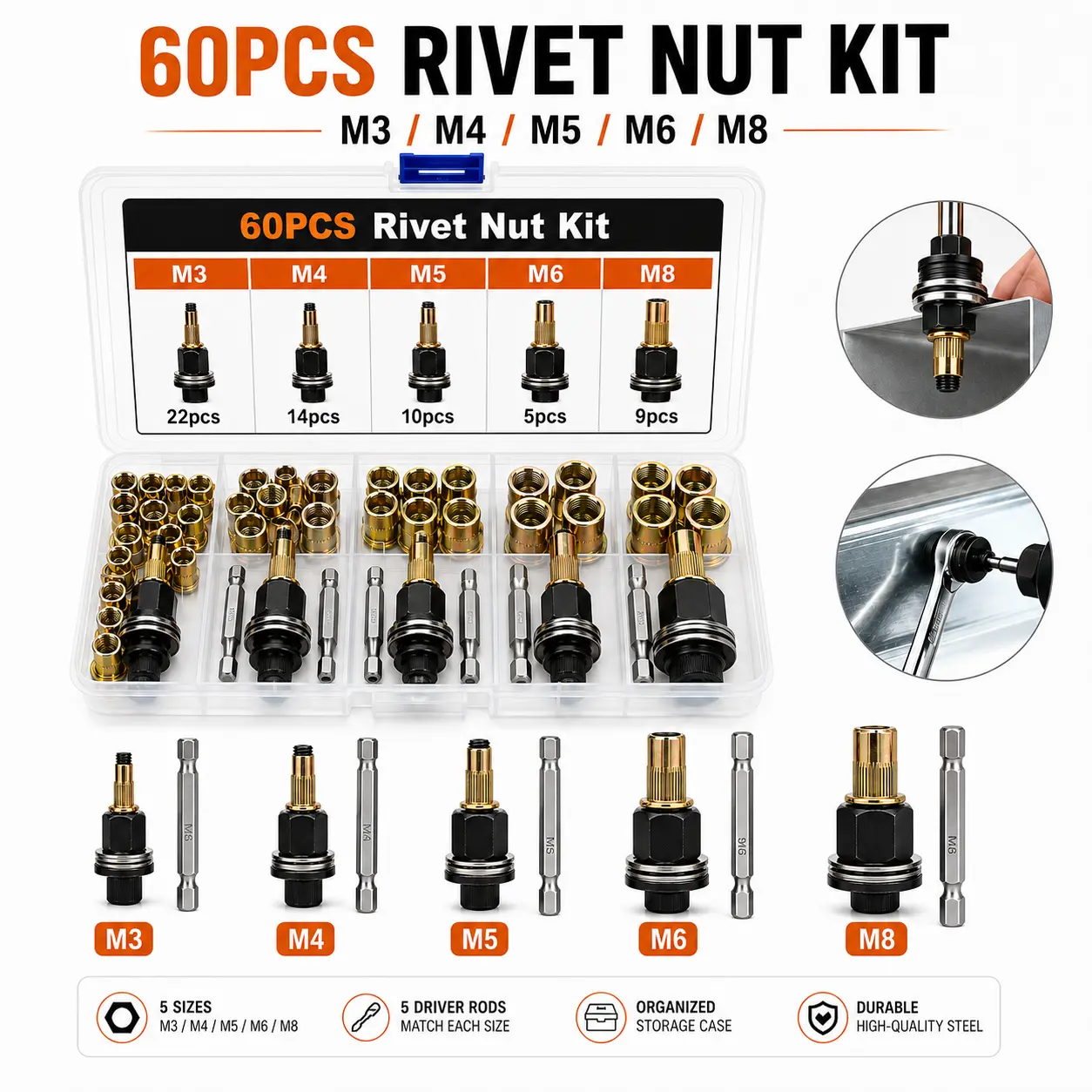 175pcs Carbon Steel Zinc-Plated Slotted Flat Head Rivet Nut Kit with Driver Rods, Full Thread Nut Inserts (M3-M8 Sizes), Heavy-Duty Blind Fasteners for Automotive Use, Furniture Repair on Metal Surfaces