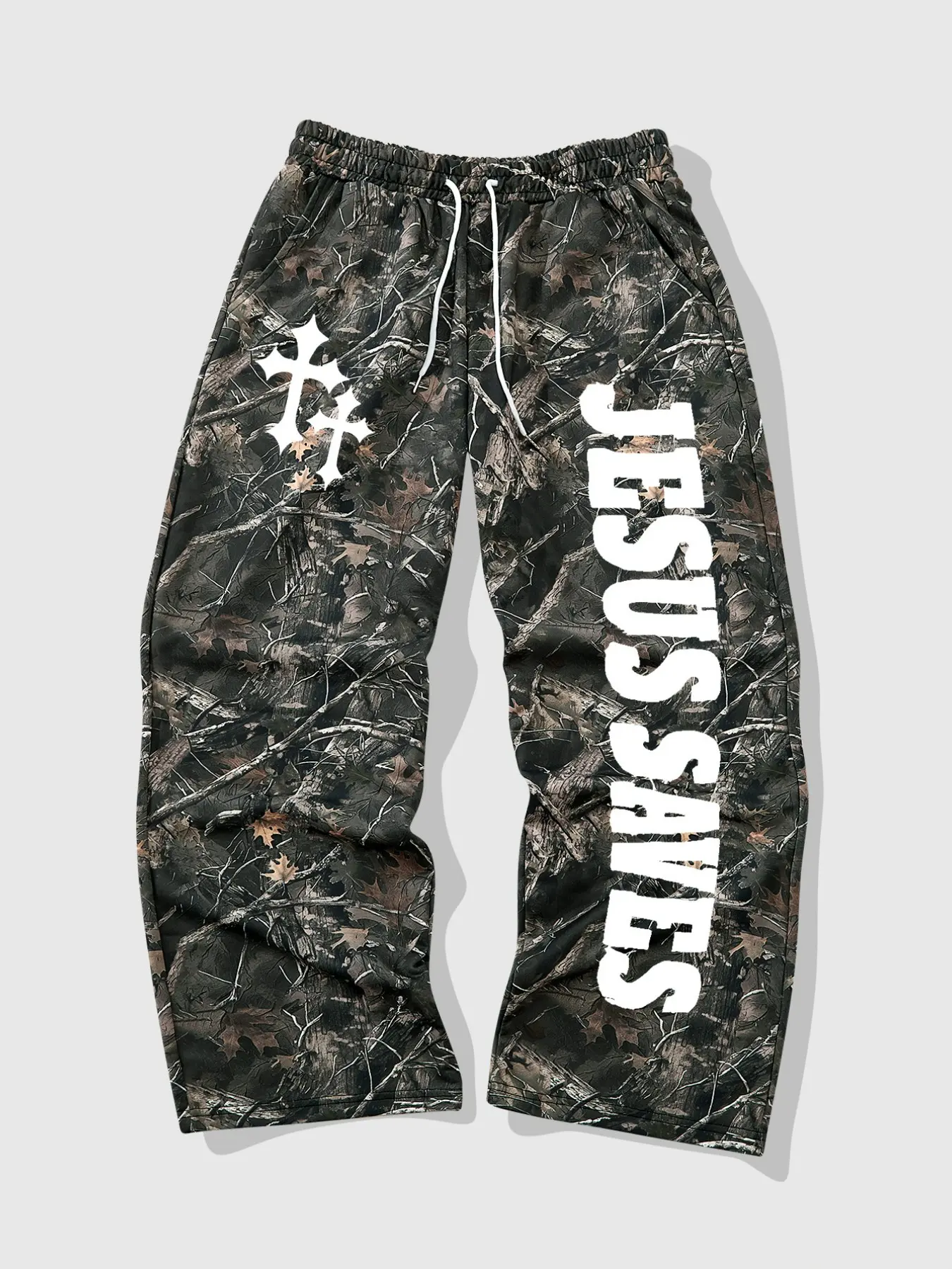 Men's Casual Camo Long Pants, Loose-Fitting Drawstring Wide Leg, Jesus Cross Letter Print, All Season Fashion, Camouflage Branches, Casual Lounge Pants, Casual Bottom, Casual Wear Bottoms