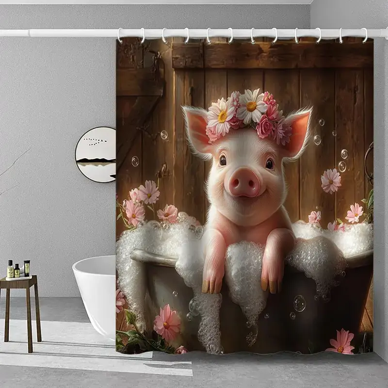 A dream bubble bath cute piggy print Whimsical Shower Curtain, Shower Essentials, Bath Accessories, for bathroom decoration, partition, waterproof, wear-resistant, easy to clean, machine washable, multi-size optional, send shower curtain hook
