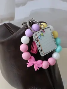 Colorful Beaded Wrist Keychain, Trendy Cute Keychain with Apple Design, Metal Key Ring, Rainbow Tag, Teacher Gift, Back-To-School Present, Keychain Wristlet Strap