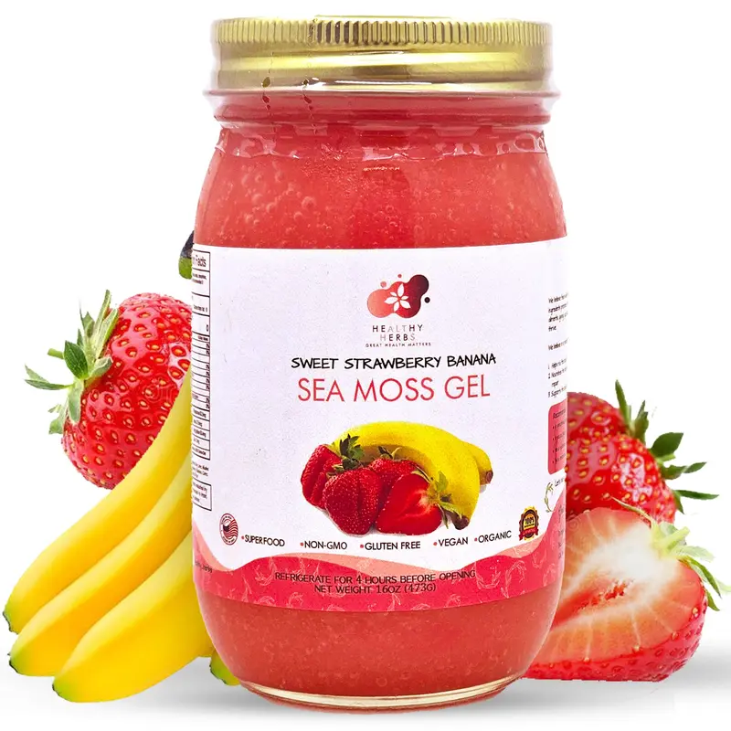 Healthy Herbs Natural Dietary Strawberry Banana Sea Moss Gel - Wildcrafted Gold St. Lucia Seamoss, Monk Fruit Sweetness, No Added Sugar, 90+ Nutrients, Vegan Non-GMO Organic Fruit Blend, 16 oz Fresh Superfood Gel, Dr. Sebi Inspired