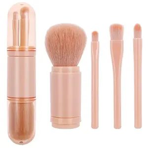 Pink 4-Piece 4-in-1 Telescopic Compact Makeup Brushes Set, Portable Beauty Tool Kit with Soft Bristles, Travel-Ready Professional Cosmetic Brushes for Eyeshadow, Loose Powder