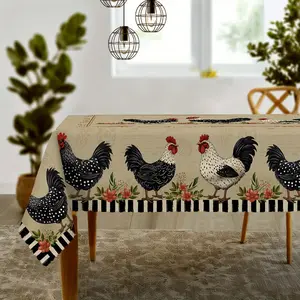 Rooster Flower Tablecloth - Black and White Rooster with Flower Pattern, Modern Minimalist Style, Rural Restaurant Decoration, Multi Functional Home Decoration Suitable for Dining and Coffee Tables, Picnic Table Cover