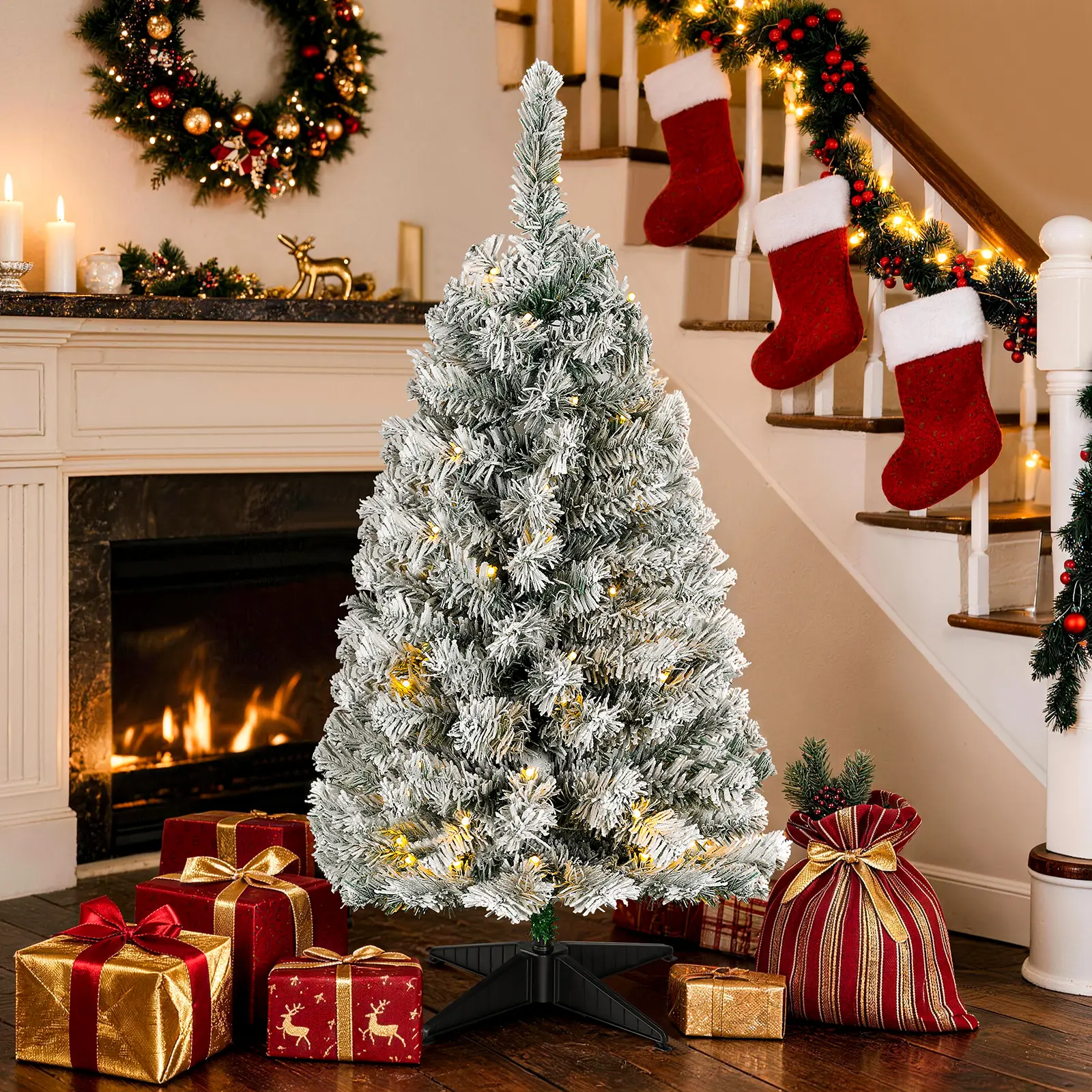 Lubrew 3FT Pre-Lit Snow Flocked Desktop Christmas Tree, 50 Multicolor LED Lights, 115 Flocked Branch Tips, Metal Hinges & Foldable Base, for Home Office Desktop Xmas Decor