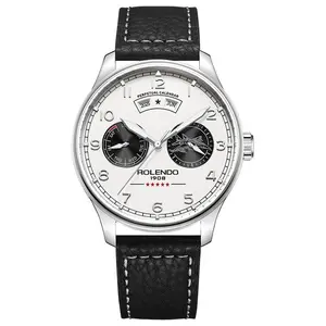 Men's All Silver Automatic Perpetual Calendar Watch, Clean White Dial Year Month Day Dual Subdials Arabic Numerals Luminous Hands Black Grain Leather Strap Classic Business Dress Wrist Watch