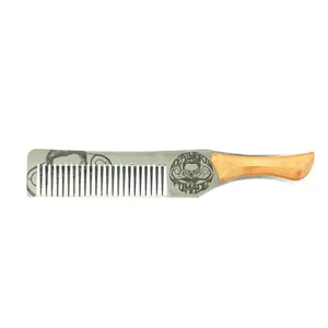 Hair Comb Steel Metal Handcrafted with Wood Handle