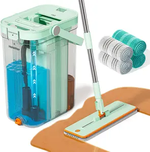 HOMETTLER   Transparent Mop and Bucket Set with Separate Dirty & Clean Water, 65" Adjustable Extendable Stainless Steel Flat Mop for Wood Tile Floor Cleaning, 4 Machine Washable Microfibre Pads - Green Brush Brush Brush Household Microfiber Tool Wooden su