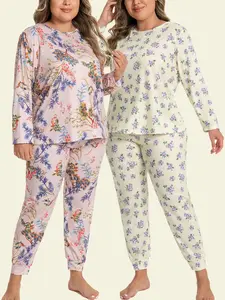 Flash Sale Clothing For Women LONAGIRL Women's Plus Size Pajama Sets 1XL-5XL | Long Sleeve Round Neck 2 Tops & 2 Pants, Botanical Minimalist Flower Prints Comfy All-Season Loungewear Nightwear Womenswear