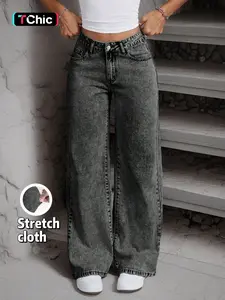 Women's Bow Embroidery Washed Distressed Button Fly Denim Jeans Pants, Casual Streetwear Fashion Stretchy Pocket Wide Leg Jeans for Daily Wear, Ladies Bottoms for All Seasons