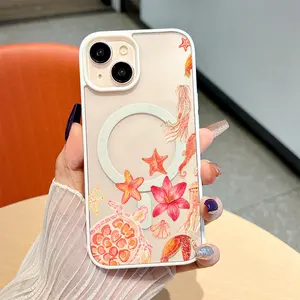Ocean Turtle Seahorse Jellyfish Starfish Seashell Flower Splash MagSafe Case for iPhone 17 Pro Max Air 16 16e 15 14 Plus 13 12 11 X XS Pattern Magnetic Acrylic Back TPU Edges Shockproof Ultra Thin Mobile Phone Cover Valentine's Day Gift 2D printing