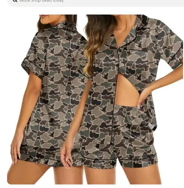 Women's 2-Piece Satin Camouflage Pajama Set - Short-Sleeve Casual Summer Sleepwear, Soft Cozy Loungewear for Women
