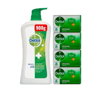 Dettol Original Antibacterial Bodywash Cleanser (900g) with 4 Original Antibacterial Body Soaps (100g Each) for Body Care & Skin Repair