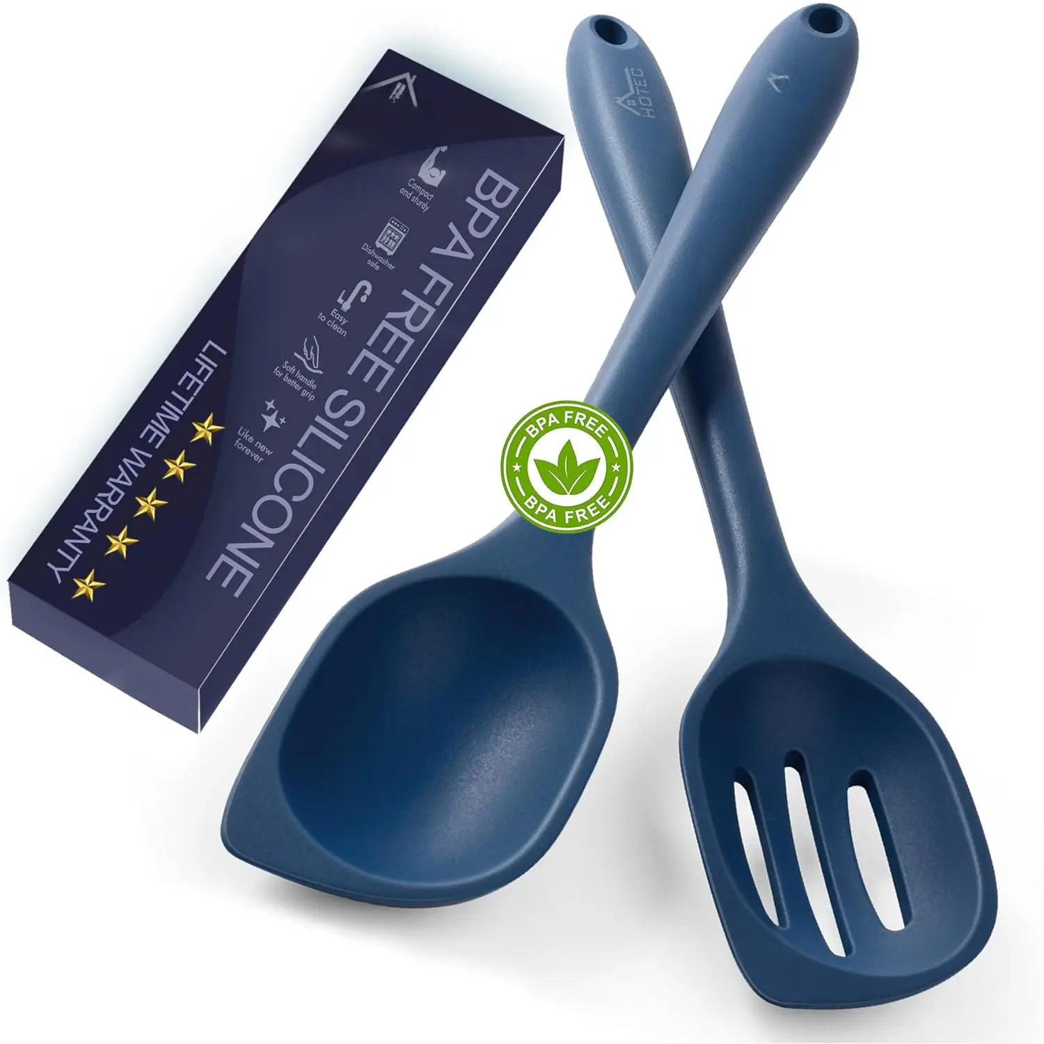 446?F Heat Resistant Silicone Cooking Spoon Spatula, BPA Free Large Kitchen Solid and Slotted Spoons for Mixing, Serving, Scraping, Non-stick, Dishwasher Safe Classic Blue 12.5inch