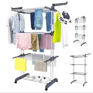 Homemart 4-Tier Foldable Stainless Steel Clothes Drying Rack with Wheels for Indoor & Outdoor Use Standing Garment Dryer