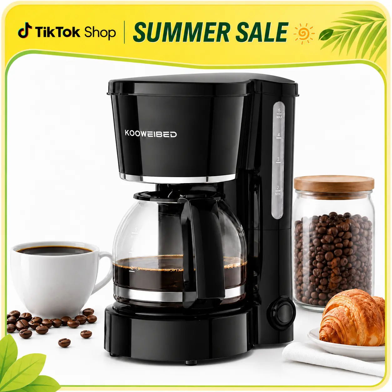 5-Cup 25oz Drip Coffee Maker, Delay Brew, Keep Warm Plate, Auto-Shutoff, Reusable Filter, Overheat Protection, Slim Profile - Ideal for Couples, Home Office Everyday Use