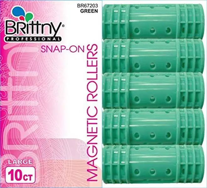 Brittny Heatless Snap-on Magnetic Heat-Resistant Curl Rollers - Green, Large, 10 Count, Smooth-Styling Haircare Tool (Pack of 1), Heat-Resistant Hair Rollers, Curl Hair Rollers