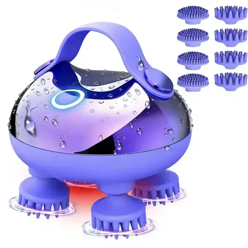 Portable rechargeable electric scalp massager with a safety strap, featuring 2 sets (8 pieces total) of removable massage heads and 3 speed settings—the perfect gift. USB-rechargeable massager. Usb Rechargeable Massagers