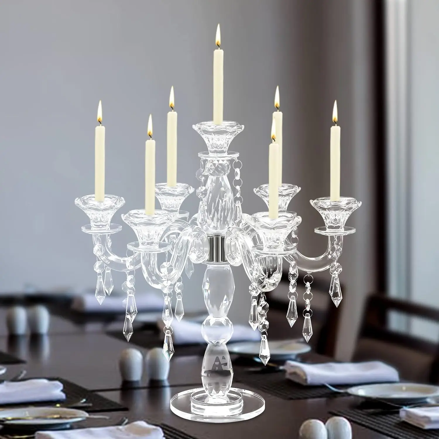 Crystal Candle Holder, 7-Arm Crystal Candelabra Candlestick Candle Holder 14 Inch Modern Clear Candelabra Centerpieces for Home Wedding Event and Party Festival Table Decoration Glass Light Round Ornaments