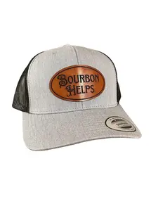 Bourbon Helps Leather Patch Trucker Hat - Funny Snapback Cap, Bold Bourbon Lover Hat, Viral Gift For Whiskey Fans & Drinking Humor Lovers