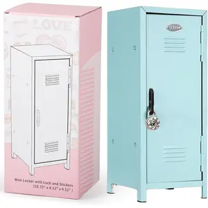 Mini Locker with Lock & , Stickers, Metal Small Locker for Desktop, Girls Lockbox Desktop Storage Organizer,  Safe and  Lock Box for Girls Safe, Light Blue