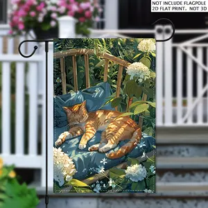 Sleeping Orange Cat Garden Flag, Hydrangea Floral Yard Flag, Cozy Outdoor Decor Size 12*18inch