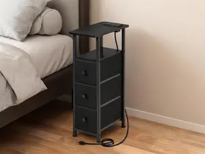 Slim Set of 2 End Tables with Built-In Charging Station, Compact Side Tables with Fabric Drawers. Versatile narrow bedside cabinets for bedrooms, living rooms and small spaces, black finish.