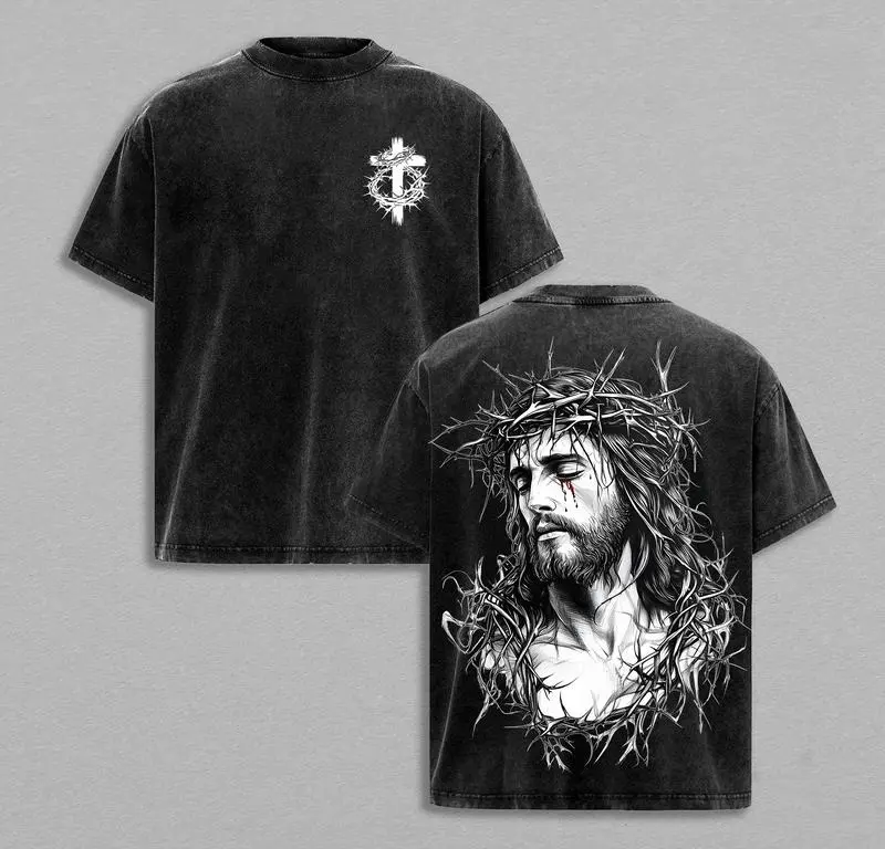 valentine shirts Tears of Blood – Christ’s Love in Pain - Jesus Crown of Thorns Tee Washed God Apparel Tee, Easter T-Shirt, Jesus T-Shirt, Easter Streetwear, Christian Apparel Graphic Tees, Gym Pump Cover Church Outfit