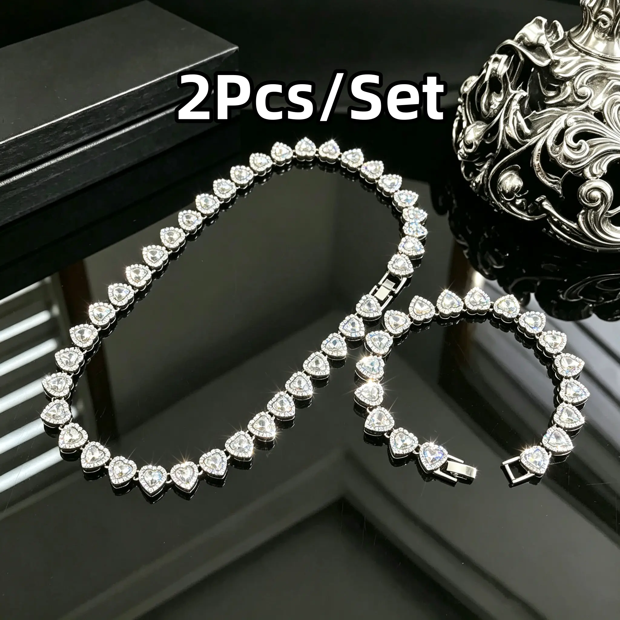 2Pcs/Set Heart Shaped Cuban Chain Necklace Set & Hip Hop Style Choker Set,Luxurious Jewelry Set for Enhance Temperament, Birthday,Daily & Party Wear