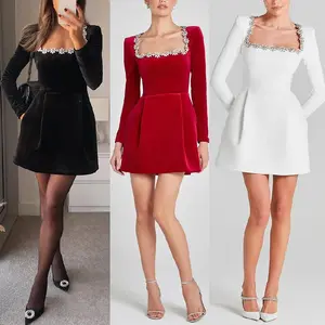 Autumn Women's Fashion Elegant Square Neck Rhinestone Short Velvet Dress