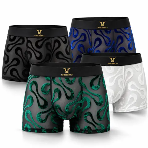 SHIQINUO Menswear Men's 4-Pack Flocked Velvet Mesh Boxer Briefs - Elastic Spandex Fabric, Breathable Contour Pouch Trunks, Abstract Design, Multi-Size