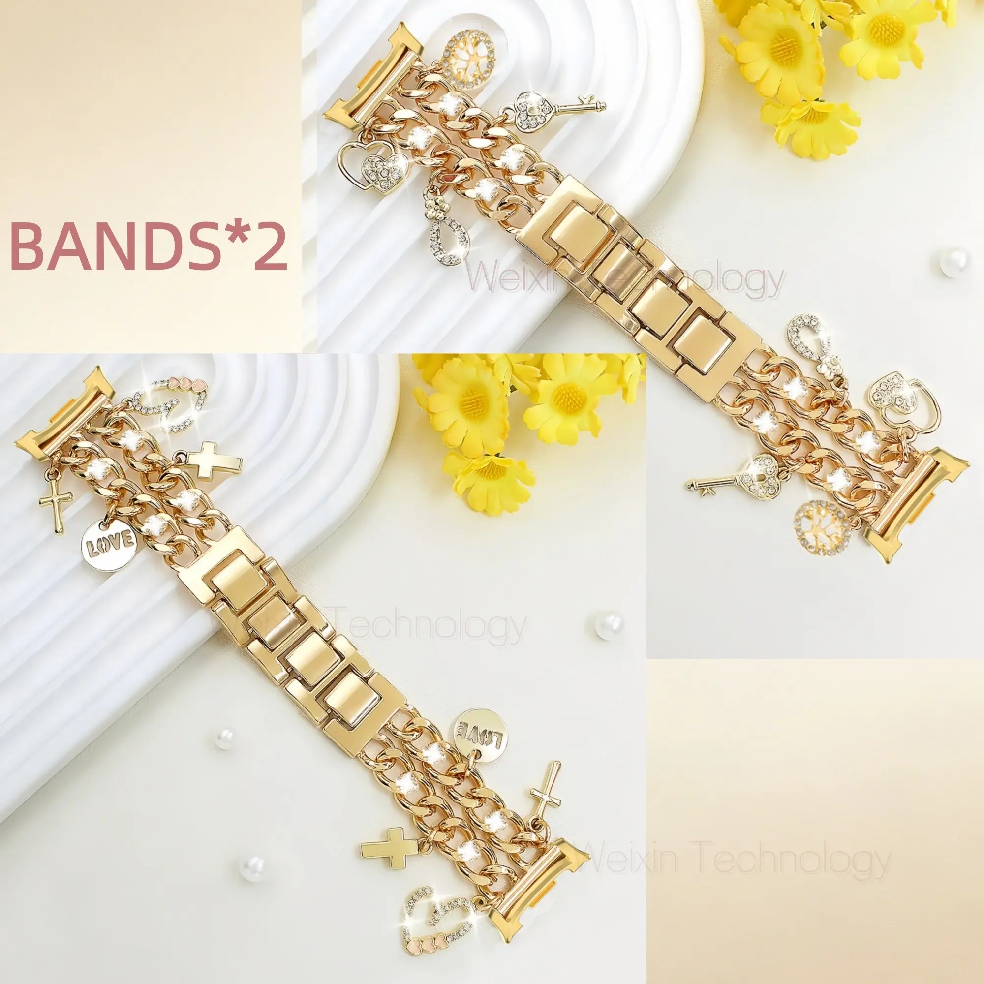 Cuban chain strap compatible with Samsung Galaxy Watch 8 40mm/44mm, Galaxy Watch 8 Classic 46mm, sparkling diamond metal wristband with cute pendant, heart-shaped pendant for women, 2 sets of straps, Smartwatch Replacement Straps