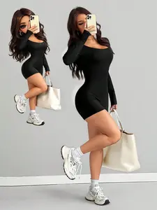 Women's U Neck Long Sleeve Jumpsuit, Plain Slim Fit Y2K Style, Fashionable Outdoor Commute Wear, Versatile for Various Occasions