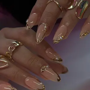 24-Piece Medium-Length Teardrop Nude Gold Press-On Nails Set, Luxury Soft Style False Nails, Easy Application, Perfect for Parties and Events