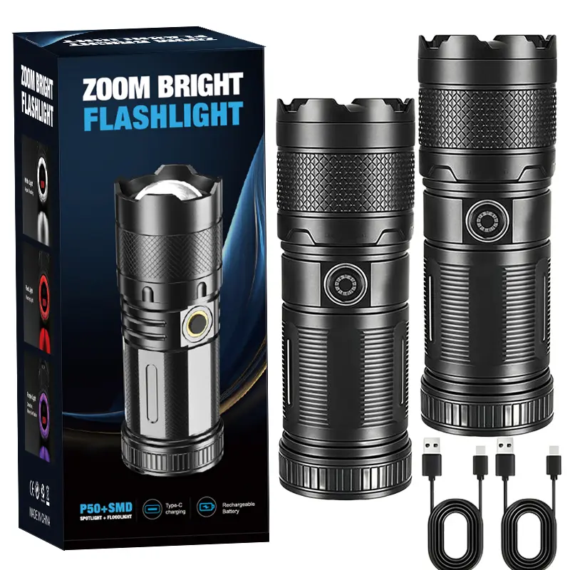 2-Pack High Lumen Rechargeable LED Flashlights - USB-C Portable Adjustable Tactical Torch, COB Side Light, 10 Lighting Modes, Zoomable Beam, Super Bright for Camping, Emergency, Home Use, Adjustable Tactical Flashlights, High Lumen Flashlights
