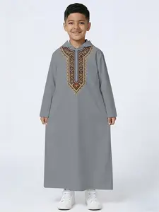 Muslim Boy Long Robe, Ethnic Totem Hooded Design, Hot Selling Arabic Clothing, Trendy Muslim Boys' Apparel