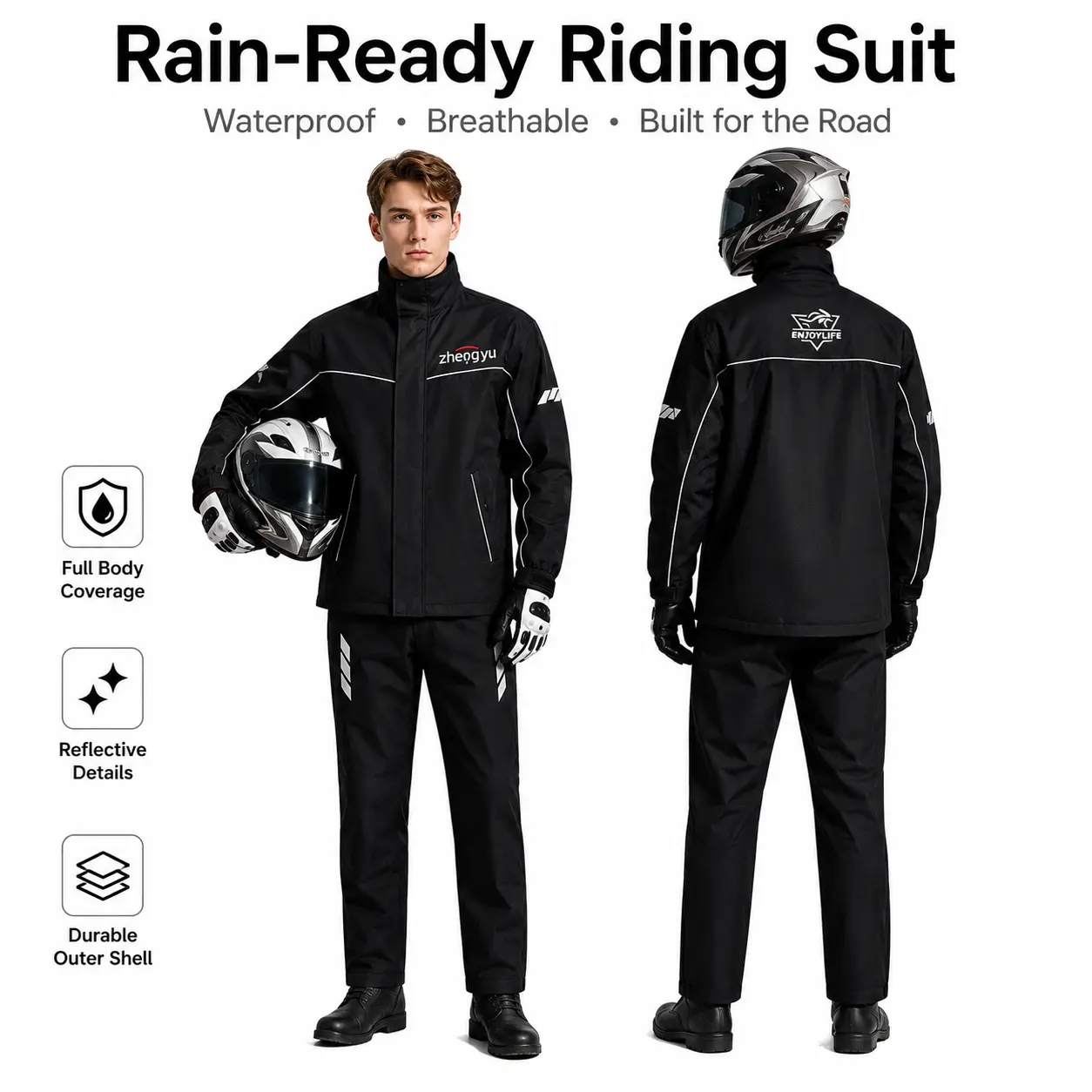 Men's Reflective Waterproof Rain Suit - Lightweight Windproof Jacket & Pants Set, Outdoor Raincoat with Reflective Elements, Multi-Size, Keeps You Dry, Lightweight Design for Riding, Travel, M-3XL, Waterproof Pants, Male