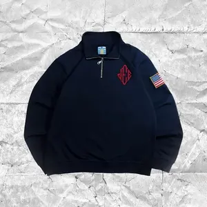 Men's Navy Half Zip Pullover Sweatshirt, Oversized Loose Fleece Collar Sweater with Red Embroidery Logo & US Flag Arm Patch, Vintage Preppy Y2K Streetwear Daily Casual Long Sleeve Top