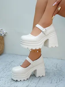 Women's Thick Sole High Heels, Ankle Strap Design, Round Toe, Anti-Slip PU Sole, Elegant Casual Daily Wear Shoes