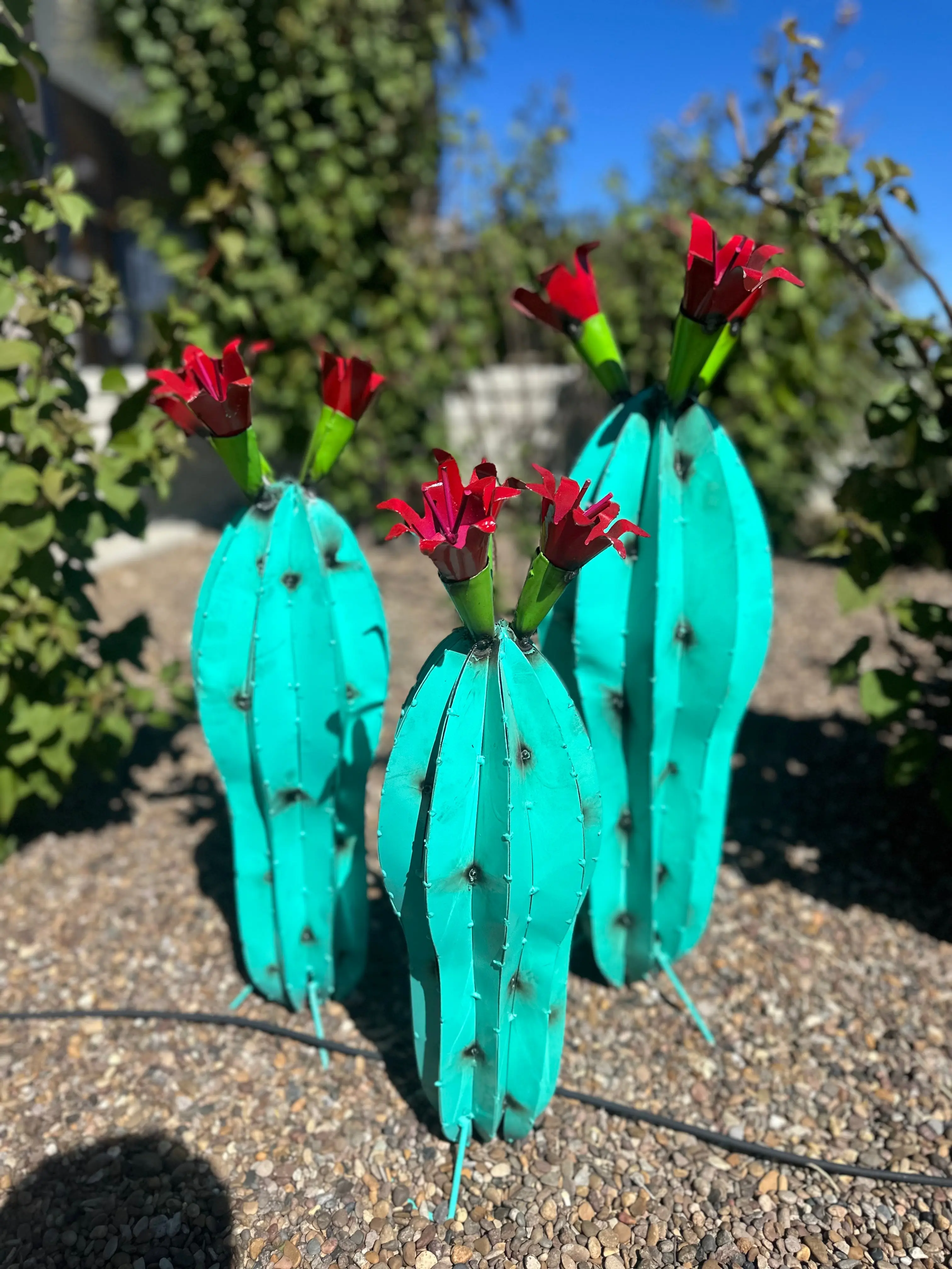 Turquoise Metal Barrel Cactus with Red Flowers – Handmade Garden Art