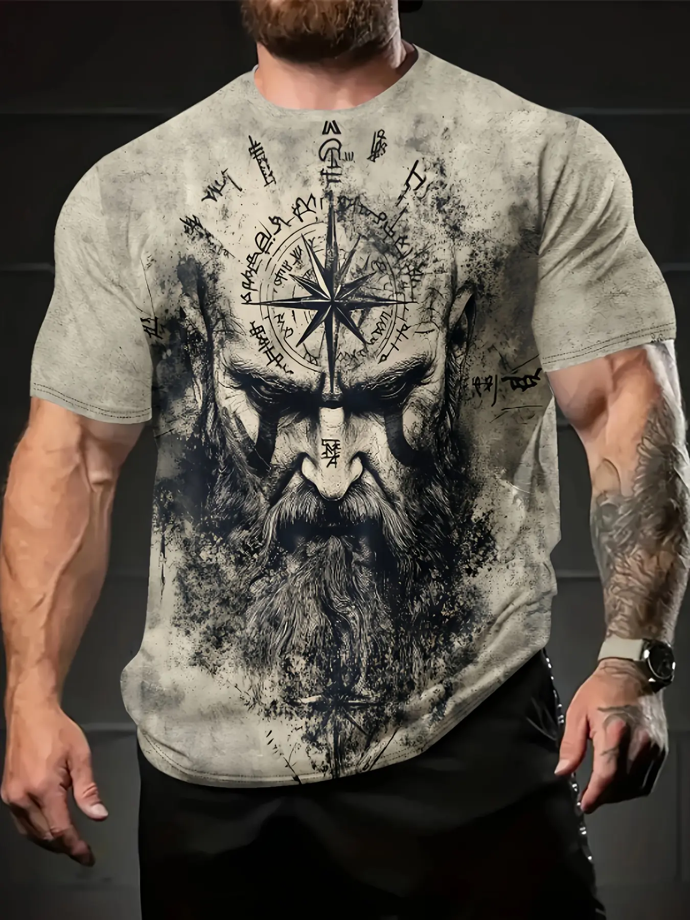 Men's Nordic Mythology Pattern T-Shirt, Magic Compass & Viking Beard Print, Casual Fitted Comfortable Round Neck Short Sleeve Top, Streetwear, Menswear