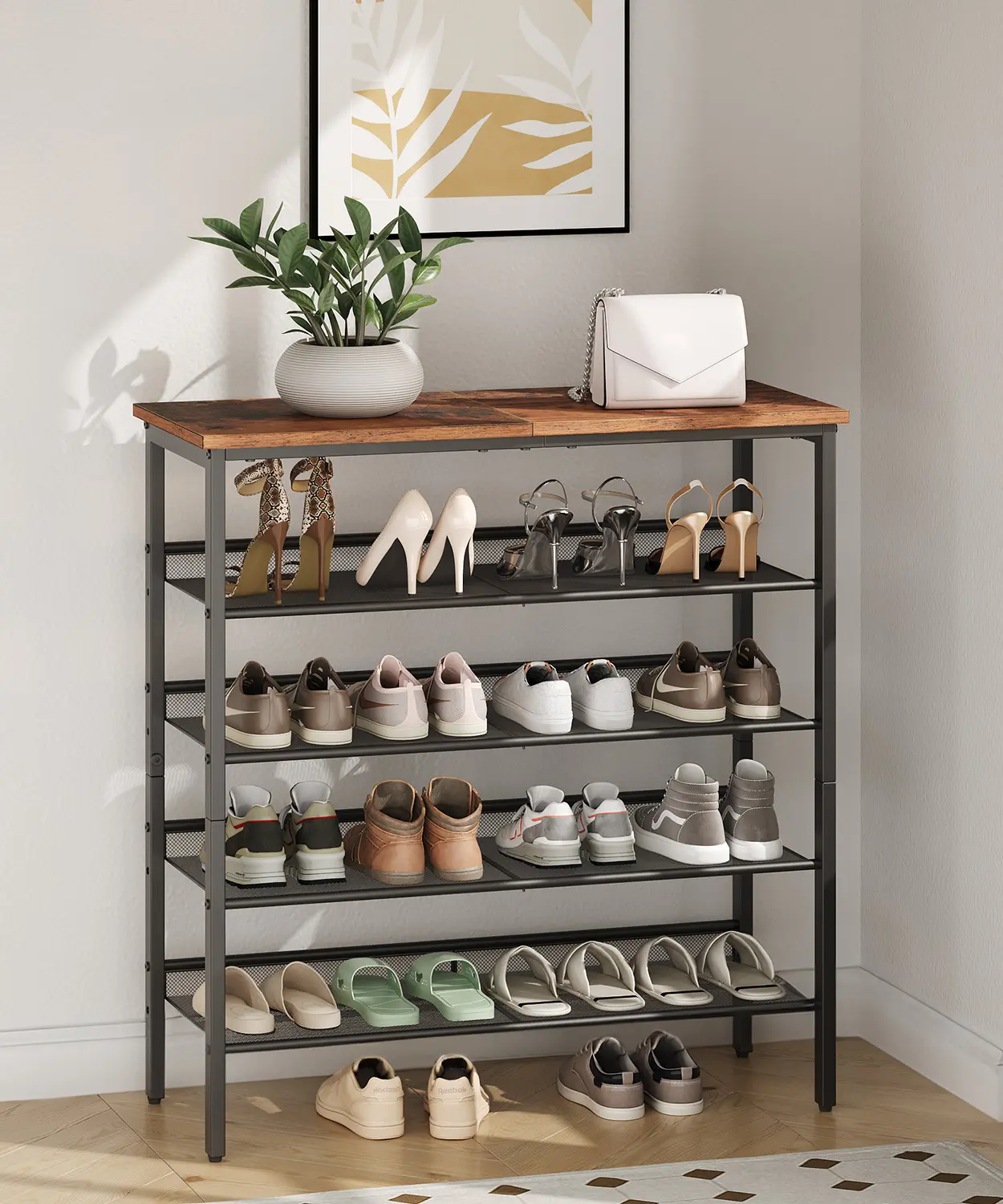 HOOBRO Shoe Rack for Entryway, 5-Tier Shoe Organizer with Adjustable Mesh Shelves, 16-20 Pairs of Shoes, Floor Mount, Metal, Industrial, Shoe Shelf, Rustic Brown
