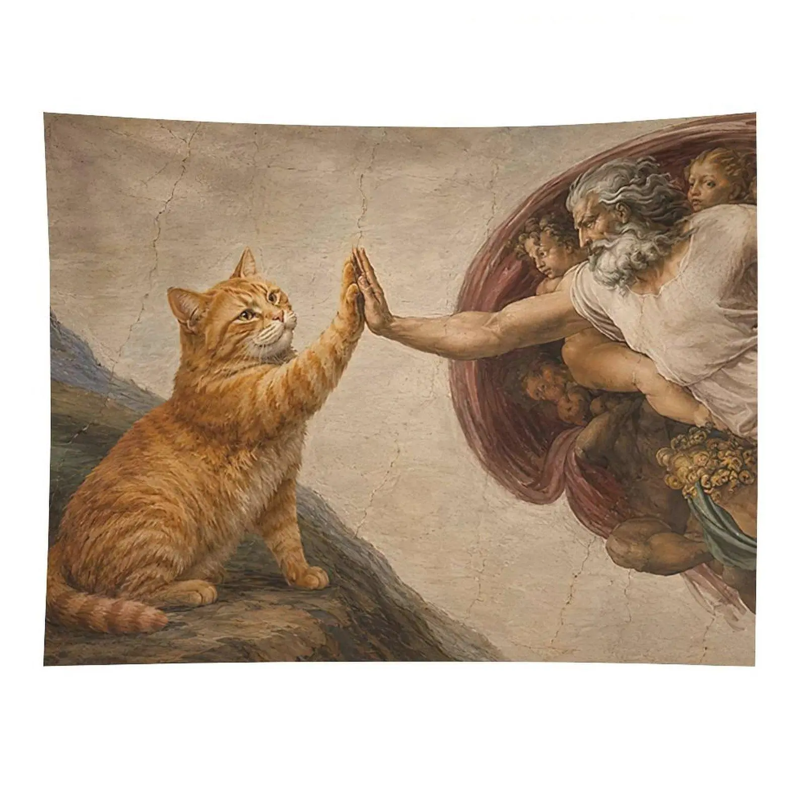 Creation Cat Tapestry Renaissance God High Five Funny Wall Hanging Decor