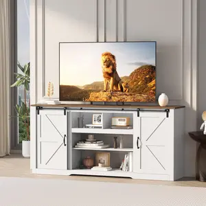 Farmhouse TV Stand for 80–85" TVs – Rustic Wooden Entertainment Center with Sliding Barn Doors, Adjustable Shelves & Open Storage Multi-Functional Console Table for Living Room