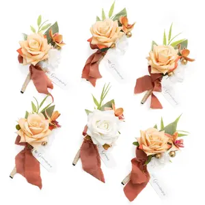 Boutonniere for Men, 6pcs Groom Groomsmen Boutonniere, Artificial Flowers for Wedding Decor/Prom/Homecoming, etc.Terracotta White