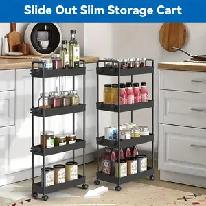 Set of 2 Slim Storage Cart, 4 Tier Kitchen Rolling Utility Cart, Narrow Unit Slide Out Cart with Handle, Wide for 8. 6in Wide, Slim for 4. 9in Wide Rolling Rack with Wheels for Kitchen Garage Office Small Apartment Narrow Space,Carts