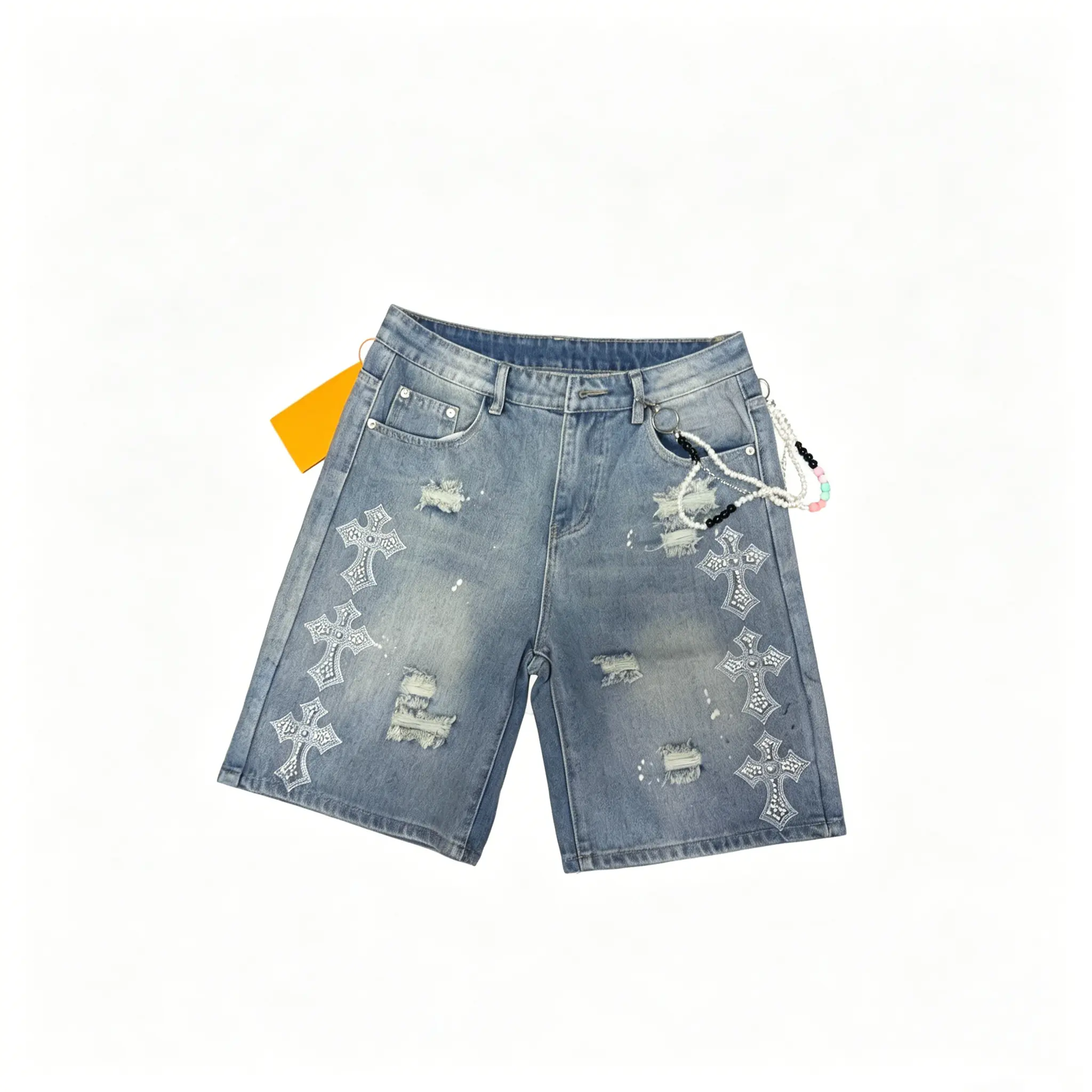Sopula Studio Men's Vintage Y2k Washed Distressed Cross AppliquÉ Rhinestone Jorts Denim Shorts Blue