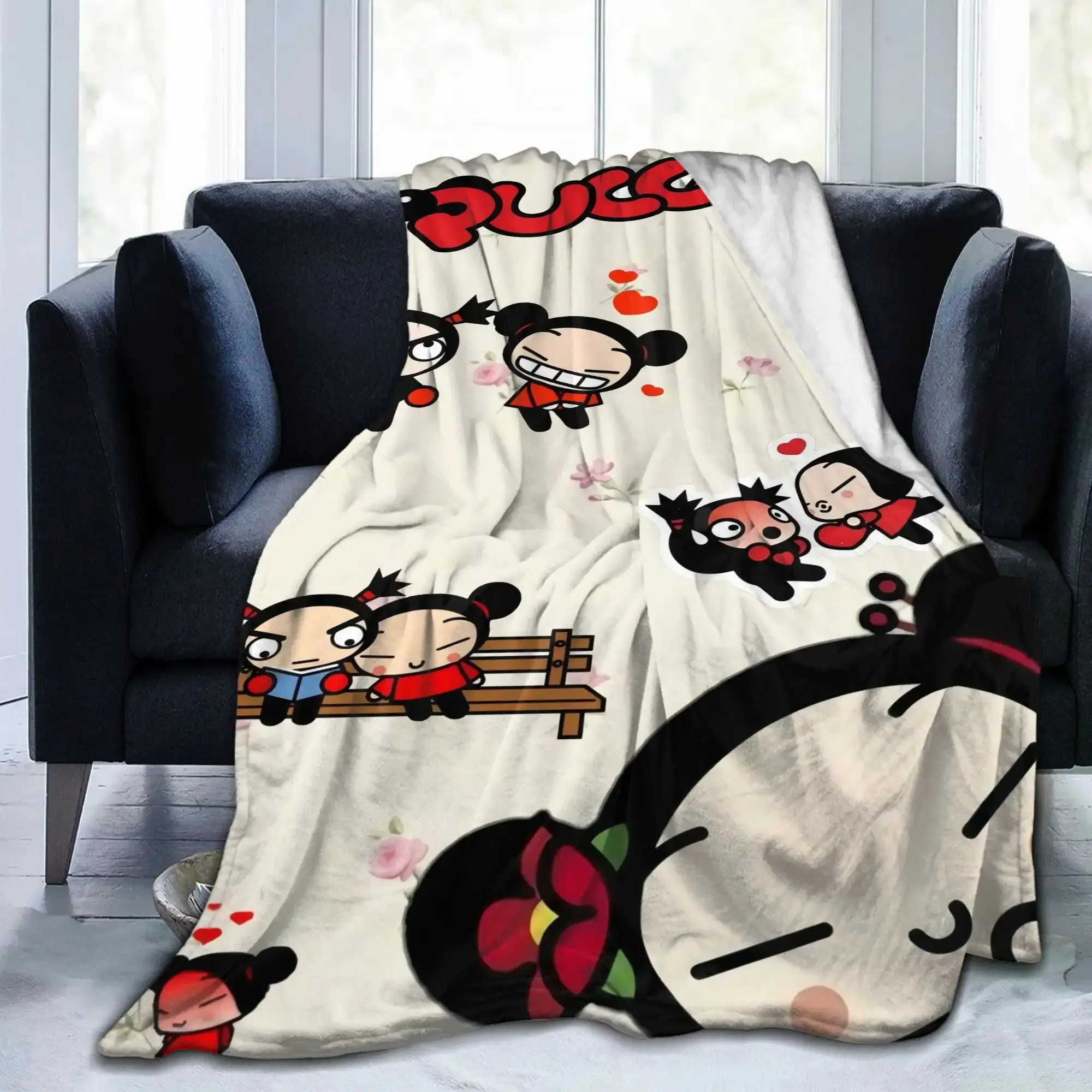 Anime Pucca & Garu Inspired Retro Cartoon Pattern Soft Warming PU-Printed Plush Blanket, 60x50in Wrinkle Resistant Throw for Couch & Bedroom, Travel Essential Blanket for Couch, Soft Warming Blanket