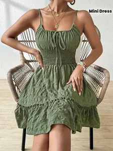 1 Piece Women's Summer Green Smocked Ruffle Tiered Mini Cami Sleeveless Dress, Tie Front Casual Sundress for Vacation, Y2K Boho Bohemian Streetwear, Womenswear