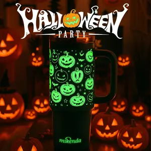 1 Pc 40oz glowing insulated mug, Halloween pumpkin luminous design, double wall stainless steel vacuum cup with handle and lid, large capacity thermal cup, keeps warm 12 hours cold 24 hours, gift for women men holiday party, Vacuum Insulated Tumbler